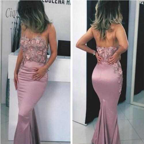 Lace Beaded 2020 African Evening Dresses Spaghetti Mermaid Cheap Prom Dresses Simple Satin Formal Party Bridesmaid Pageant Gowns
