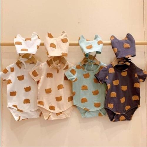 Summer Newborn Baby Boys Girls Clothes Baby Bodysuit Cotton Short sleeve Jumpsuit+Hat Cute Bear Print Baby Clothing