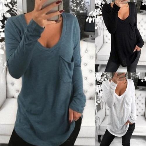 Fashion Sexy Women T-shirts Solid Color cotton Deep V neck Long Sleeve Tops Front Pocket Loose Tunic T shirt for women female