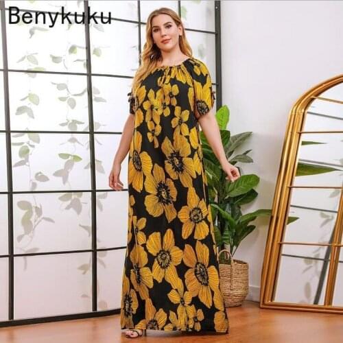 Vintage Fashion Floral Print Maxi Dresses Women Summer 2021 Plus Size Casual O-neck Short Sleeve Elegant Retro Kaftan Robe Femme