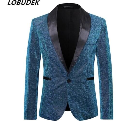 Mens Fashion Blue Champagne Gold Silk Suit Jacket Wedding Groom Prom Singers Blazers Slim Fit Casual Coat Host Stage Clothes