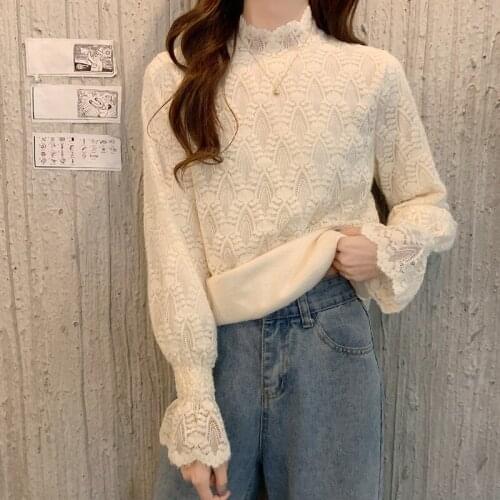 Autumn and winter 2020 New Retro French half high collar Plush thickening slim long sleeve lace shirt womens wear