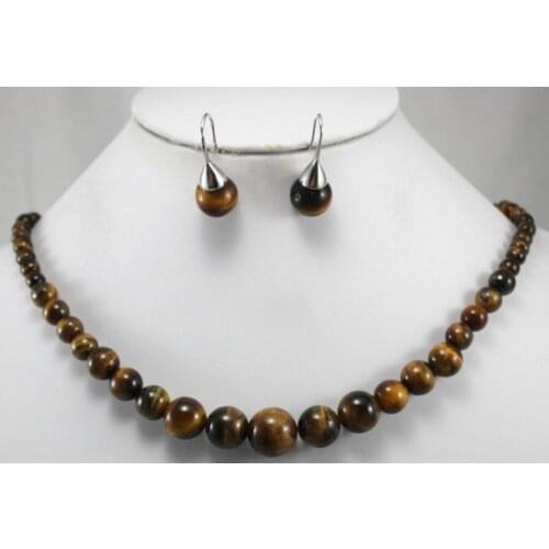 Wholesale noble 6-12mm 18" tiger eye jade necklace & stud earrings jewelry set