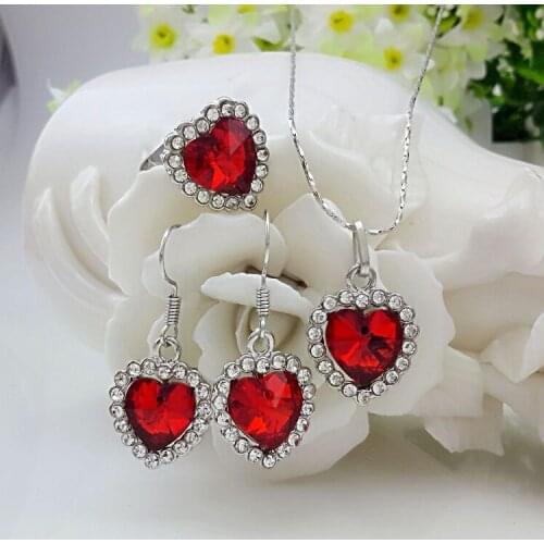 QiLeSen Fine jewelry 925 sterling silver suitable for ladies set, Ocean heart big red Necklace Earring Ring Set YW160