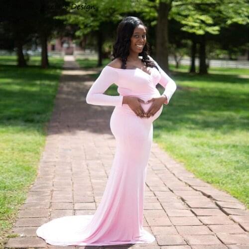 Pink Spandex Mermaid Evening Dresses Long Sleeve V-neck 2021 Long Pregnant Woman Prom Dress Party Sweep Train Robes De Soiree