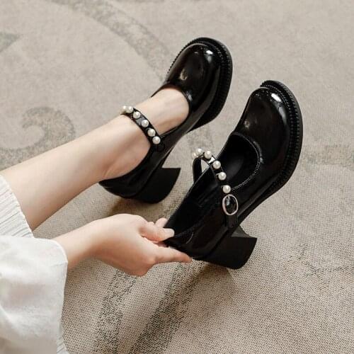 Lolita Japanese-style womens shoes high heel retro pearl Mary Jane single shoes students thick bottom shoes large yards 35-43