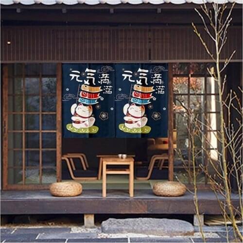 Japanese Linen Door Curtain Lucky Cat Decoration Fengshui Curtain Kitchen Bedroom Restaurant Noren Doorway Hanging Curtain
