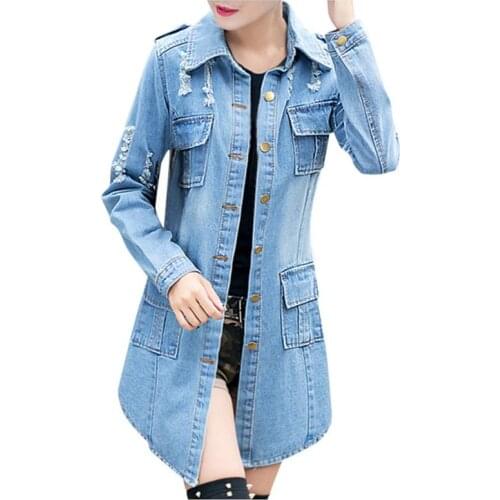 Women Denim Jacket Shredded Pockets Long Jeans Coat Casual Frayed Female Basic Jackets Outwear Ladies Jacket Coat