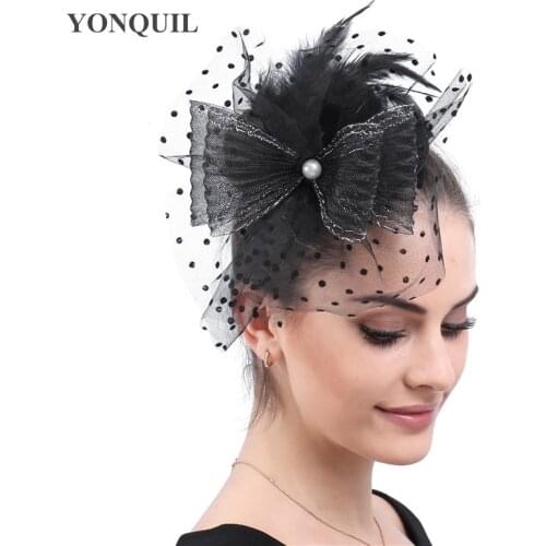 Women Bride Elegant Party Dinner Chapeau Cap Hair Clip With Tulle Bow Headpiece Hair Pin Wedding Church Fascinator Hat Feathers