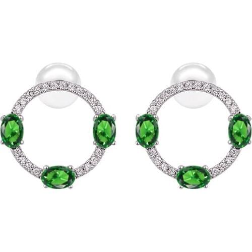 YAN MEI Hot CZ Clear Green Crystal Stud Micropave Earrings Circle Confirm Imitation Pearl Earring Jewelry GLE6154Y