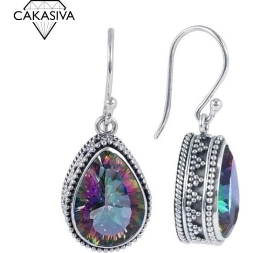 Womens S925 Silver Water Drop Pear Shaped Retro Seven-Color Topaz Earrings Party Birthday Holiday Gift Jewelry