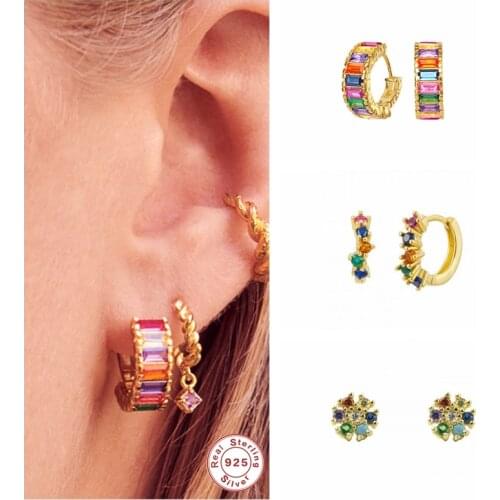 100% S925 Sterling Silver Woman Earring Shiny Rainbow Crystal Huggies Hoop Earrings For Lovers‘ Girls Pendientes Korean Jewelry