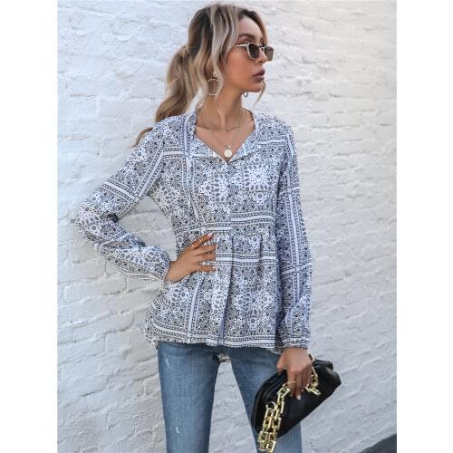 Womens Summer Spring 2021 New Tassels Print Loose Tops Chiffon Long Sleeve Chic Ladies Lace Up Oversized Blouses