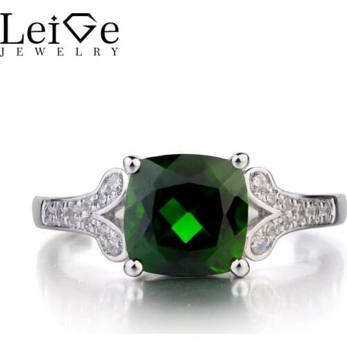 Leige Jewelry Genuine Natural Diopside 925 Sterling Silver Ring Green Gemstone Cushion Cut Engagement Promise Ring for Women