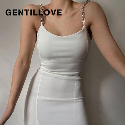 Gentillove Solid Split U-Neck Off Shoulder Women Chain Backless Summer Sexy Skinny Dress Elegant Party Casual Basic Club