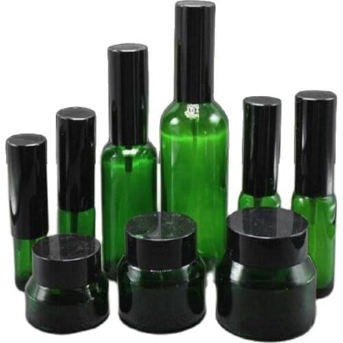 15g 30g 50g Cream Glass Bottle Set Essence Vial Green Spray Refillable Bottle Toner Bottle Lotion Pump Cosmetic Containers Jar