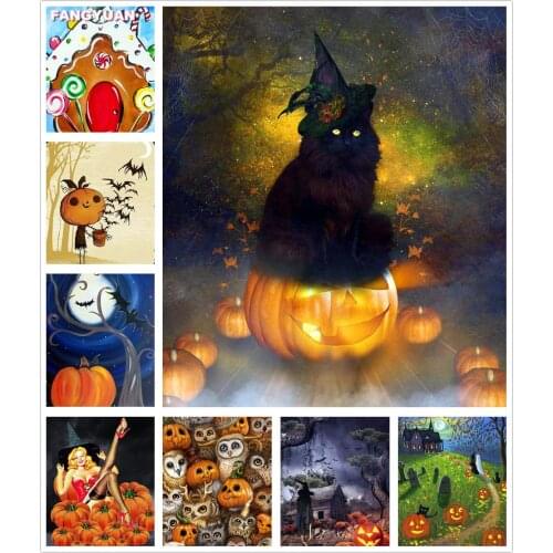 5D Diamond Painting Halloween Scenery Diy Full Rhinestones Drill Cross Stitch Kits Diamond Embroidery Cats Pumpkin Home Decor