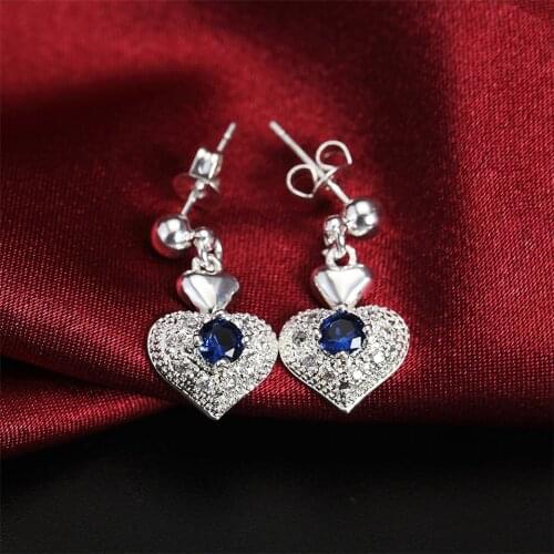 925 Sterling Silver Heart Blue Zircon Drop Earring For Women Wedding Engagement Party Fashion Charm Jewelry Gifts