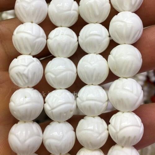 Free shipping Fashion Jewelry 6mm 8mm 10mm 12mm Natural White Shell Chequ Carved Lotus flower Loose Beads 15.5" FG8107