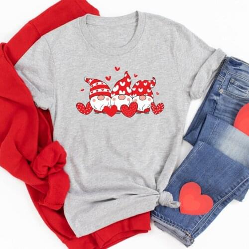 Colored Three Gnomes Holding Heart T-shirt Cute Women Valentine Graphic Tee Top Funny Valentines Day Gift Tshirt Camiseta