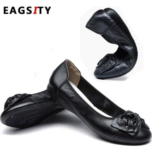 EAGSITY Genuine Leather Women Ballet Flats bowtie round toe slip on soft outsole comfortable ladies loafers work driving party