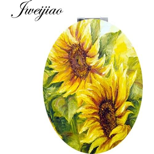 JWEIJIAO Sunflowera Oval leather pocket mirror yellow flowers Lotus Lilies handheld Makeup mirrors for Christmas best gift KL75