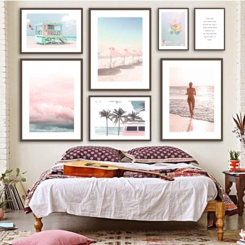 Sea Girl Coconut Tree Balloon Cloud Van Wall Art Canvas Painting Nordic Posters And Prints Wall Pictures For Living Room Decor