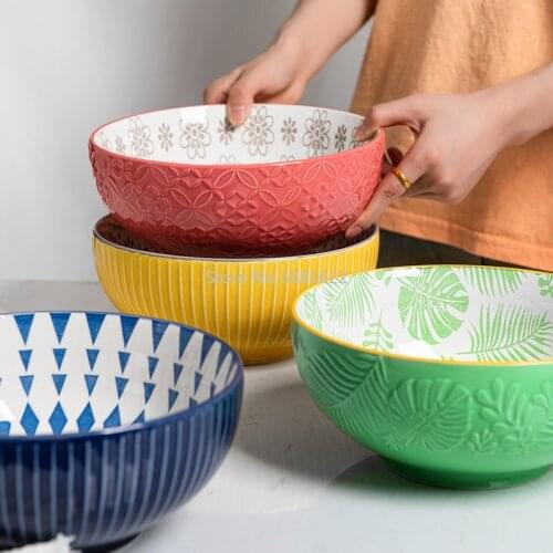 Creative Personality Korean Ceramic Relief Large Bowl Set Soup Bowl Large Noodle Bowl Home Large Salad Bowl 8 Inches Tableware