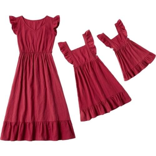 Summer Mom And Me Instagramable Sweet Family Matching Clothes Flare Sleeve Solid Print Dress Mother Daughter Kids Sling Dresses