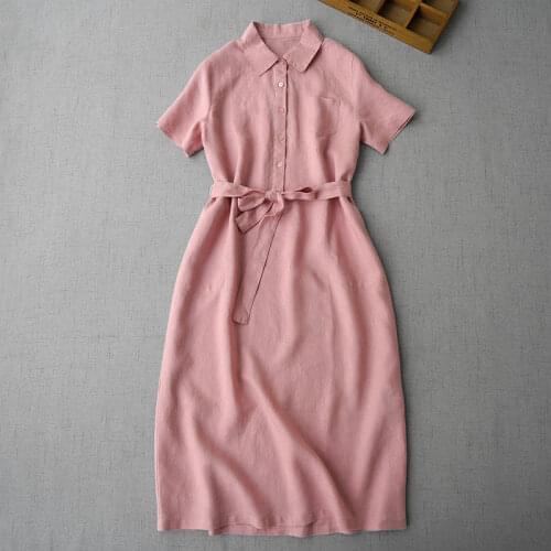 Summer New Women Simple Brief All-match Loose Cottagecore Comfortable Water Washed Linen Shirt Dresses W/h Side Pockets Belt