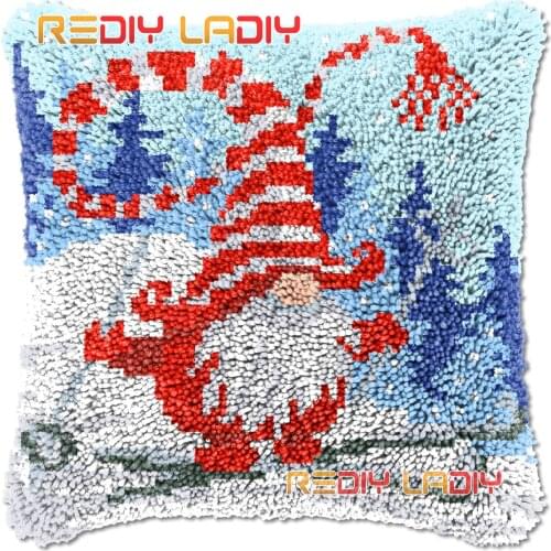 Latch Hook Cushion Cover Christmas Gnome Skiing Needlepoint Kits Chunky Acrylic Yarn Crocheting Pillow Case Arts & Crafts