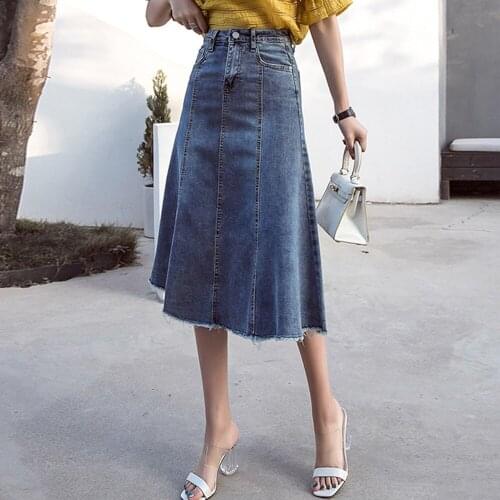 New Summer Women Skirts Plus Size Casual Loose Solid Hem Ruffles Burr Tassel Empire Jeans For Females Denim Middle Trumpet Skirt