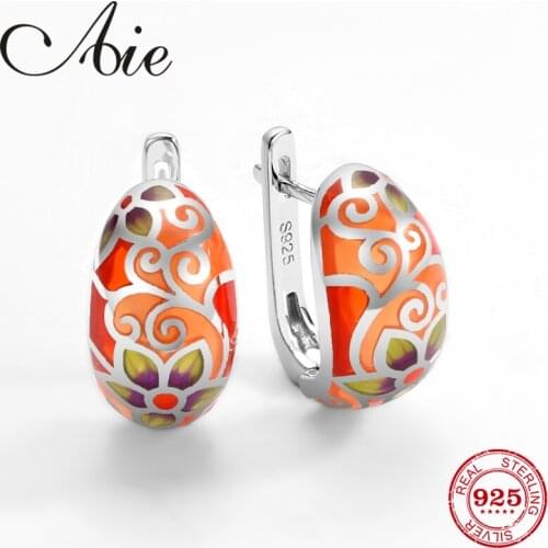 NEW 925 Sterling Silver Earrings Orange Flowers Handmade Enamel Push back Womens Stud Earrings Fine Jewelry for women