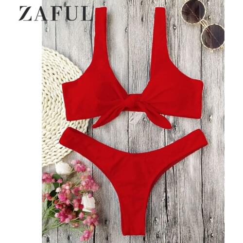 ZAFUL Bikini Knotted Padded Thong Bikini Set Women Swimwear Swimsuit Scoop Neck Solid High Cut Bathing Suit Brazilian Biquni