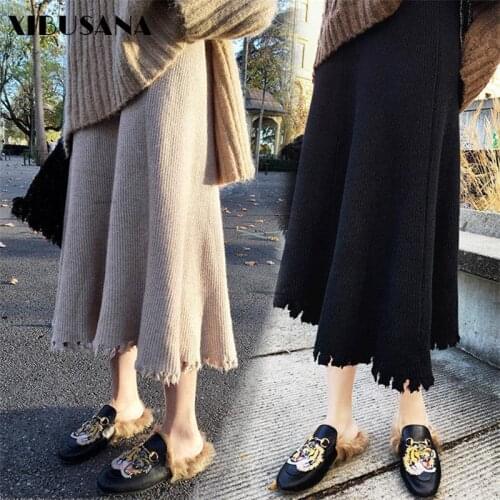 XIBUSANA 2020 Autumn Winter New Knitted Wool Mid Calf Skirt Female Elastic High Waist Solid Color Loose Sexy A Line Skirt Ladies