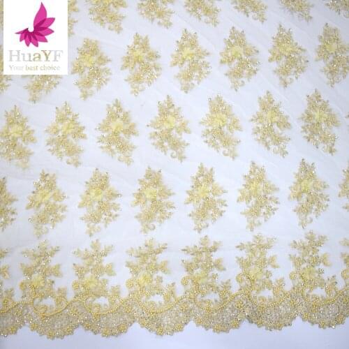 Yellow 3D Flower Tulle Sequence Lace Mesh HandWork Beaded Fabrics For Women Dress HY0973