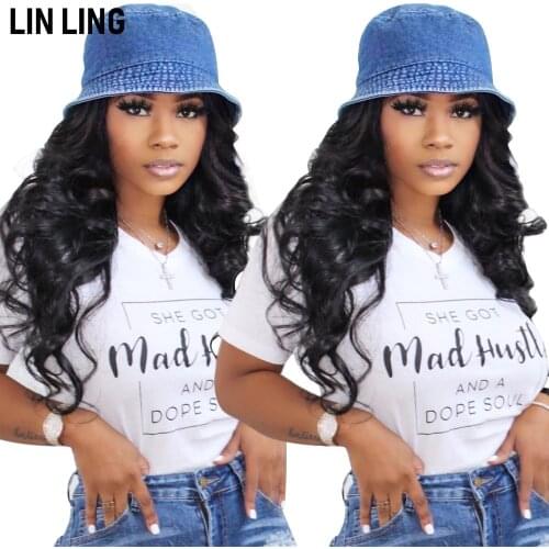 LINLING 2020 Summer V-neck Simple Letter Print Women Bodycon White Versatile Short Sleeve T-shirt