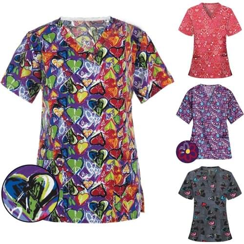 2021 Working Uniform for Women Plus Size Love Printed Short Sleeve V-Neck Pocket Summer Uniforme Clinico Sexy Uniform Nurse