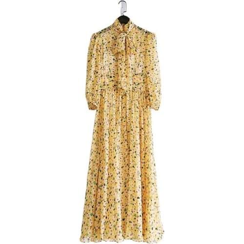 Summer Elegant Dot Print Women Dress Yellow Color Good Quality Office Work Formal Long Dress Ribbon Bow Vestido Clothes