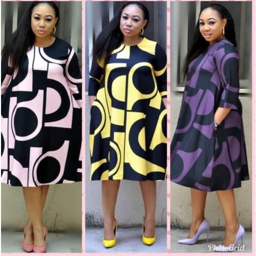 Womens Maxi Party Long Dress Plus Size Digital Printing Round Neck Basic A-line Medium Sleeve Dress Vestidos Dresses Vintage