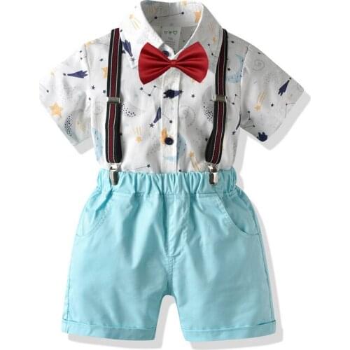 2020 Toddler Boys Gentleman Outfit Suits Short Sleeve Bow tie Shirt + Shorts with Suspender Straps 2Pcs Clothing Set