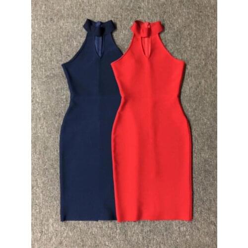 2020 Wholesale Fashion Sexy Sleeveless Keyhole Bodycon Vestidos Dark Blue High Neck Celebrity Party Bandage Dress Red Royal Blue