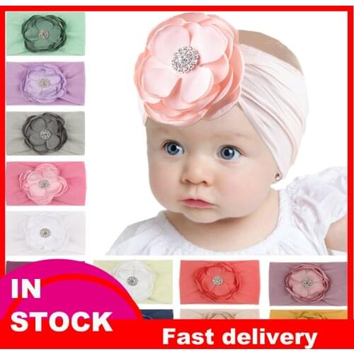 30# 1pcs Girls Pennoy Flower With Rhinestone Shiney Headband Baby Photo Props Newborn Toddler Infant Headwear Hair Accessories