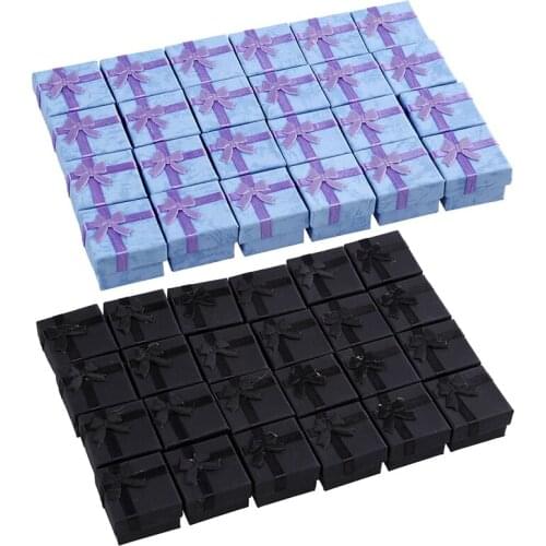 48Pcs Ring Earring Jewelry Display Gift Box Bowknot Square Case - 24Pcs Purple & 24Pcs Black