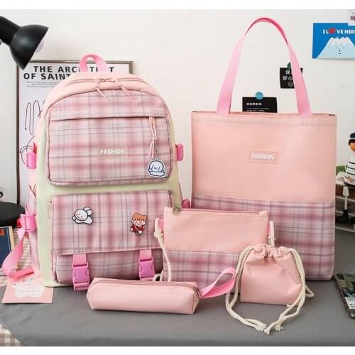 5 Pcs Sets Canvas Schoolbags For Teenage Girls Women Backpacks Laptop Keychain School Bags Travel Bagpack Mochila Escolar 50