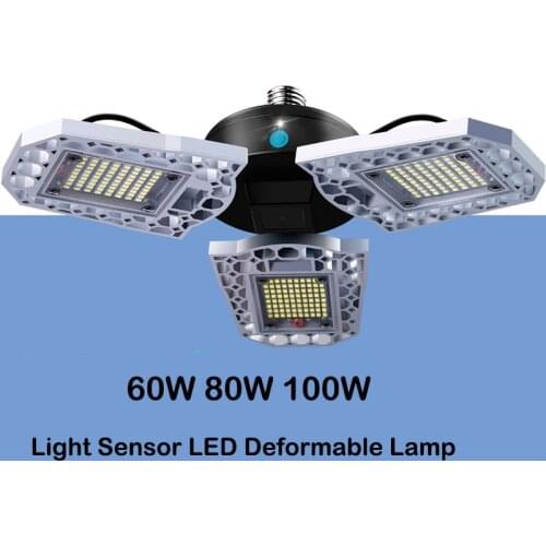 60W 80W 100W LED Garage Lamp Light Sensor LED Deformable Lamp High Bay Light E26 E27 LED Bulb 220V For Factory Warehouse Garage
