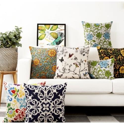 American style Neoclassical Rural Flowers birds Pillow Cover Home Decorative Pillows Linen Pillow Case Office Sofa Cushion Cover