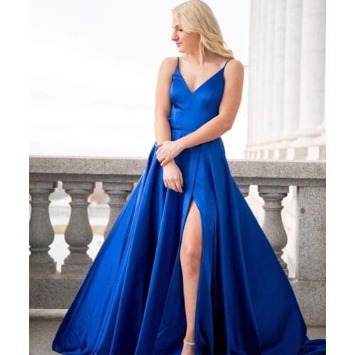 Royal Blue Long Prom Dress Spaghetti Straps Satin Prom Gowns Front Split Sexy Vestido De Fiesta De Graduacion Robe De Soiree