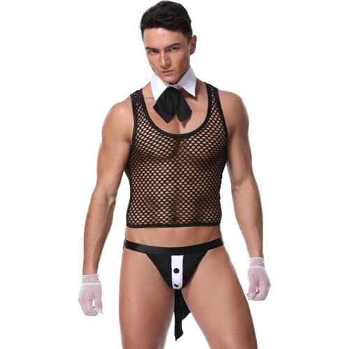 4-piece Black Hollow Out Fishnet Adult Erotic Costume Night Club Bar Cosplay Wear Sexy Underwear Set Halloween Costumes For Men