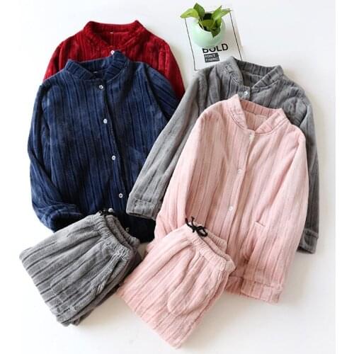 Fdfklak Pijamas Warm Long Sleeve Nightwear For Women Pajama Sets 2PCS Autumn Winter Flannel Home Suits Pink/Gray Sleepwear